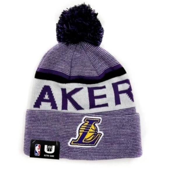 LA Lakers NBA Ultra Game Winter Cuffed Knit Pom Skull Cap Purple OSFM - Picture 4 of 12